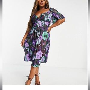 ASOS DESIGN Curve pleated twist back cap sleeve midi dress, purple floral, 14